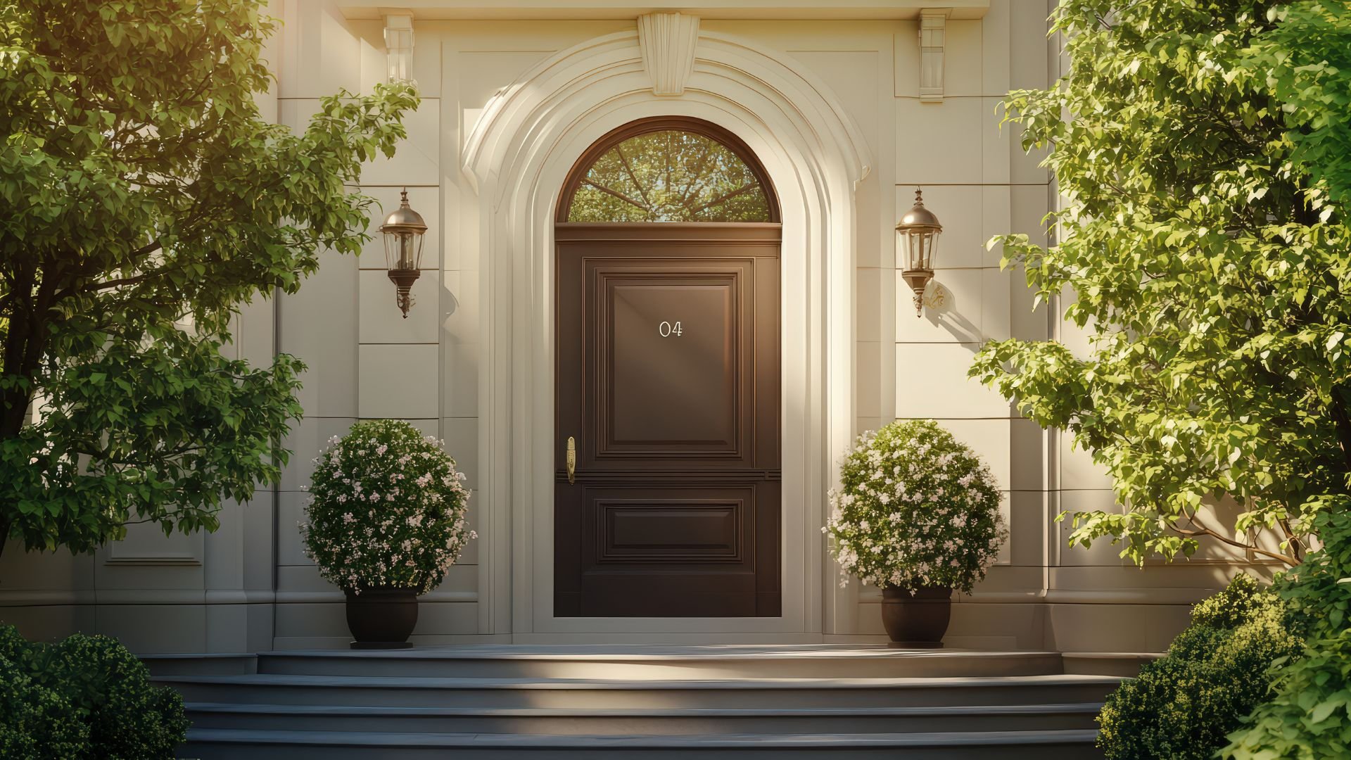 Elegant front door with arched window, flanked by potted plants and lanterns
