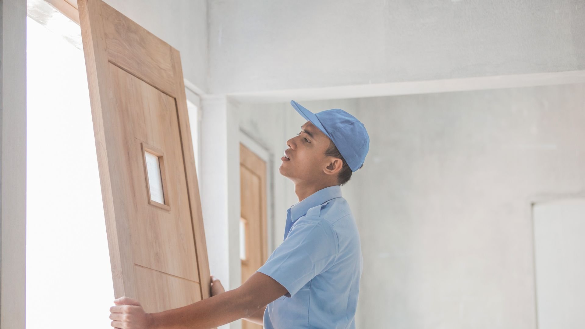 Worker in blue uniform carefully opening a wooden door indoors